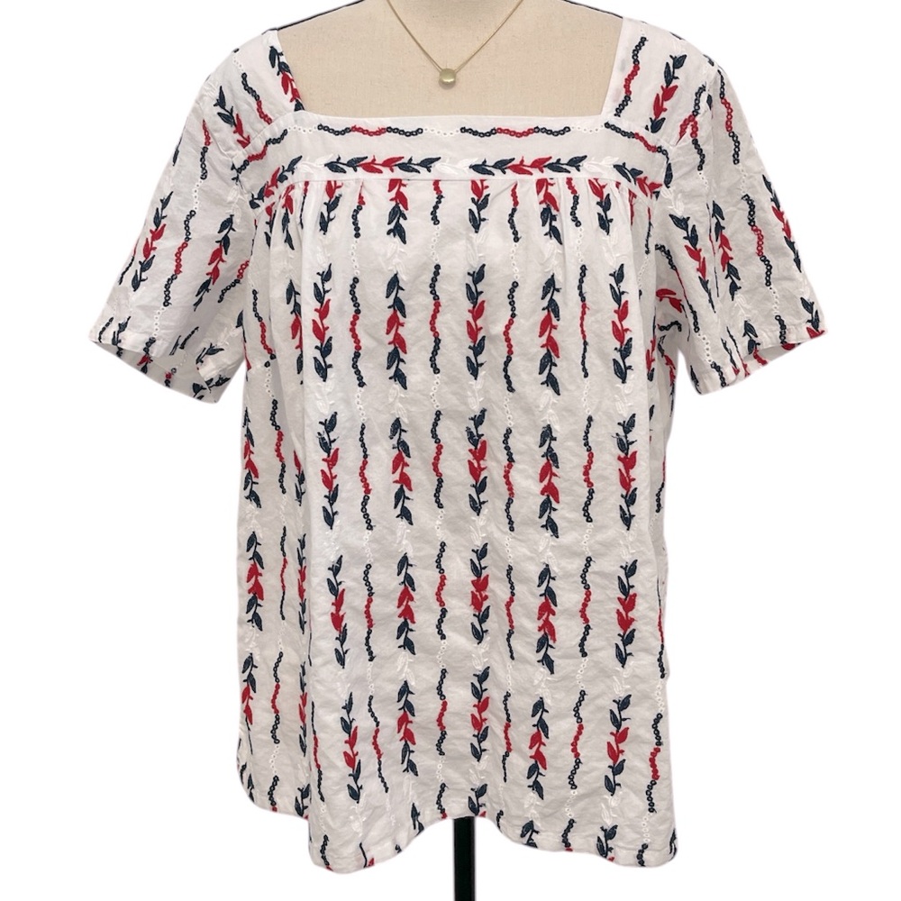 Multiples | Cotton Embroidered red/white/blue lined blouse Sz L